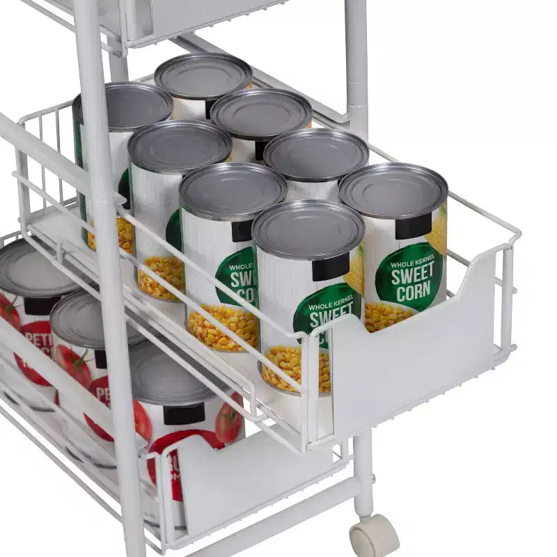 Chariot de rangement fin à 4 niveaux avec 3 tiroirs coulissants et roulettes verrouillables