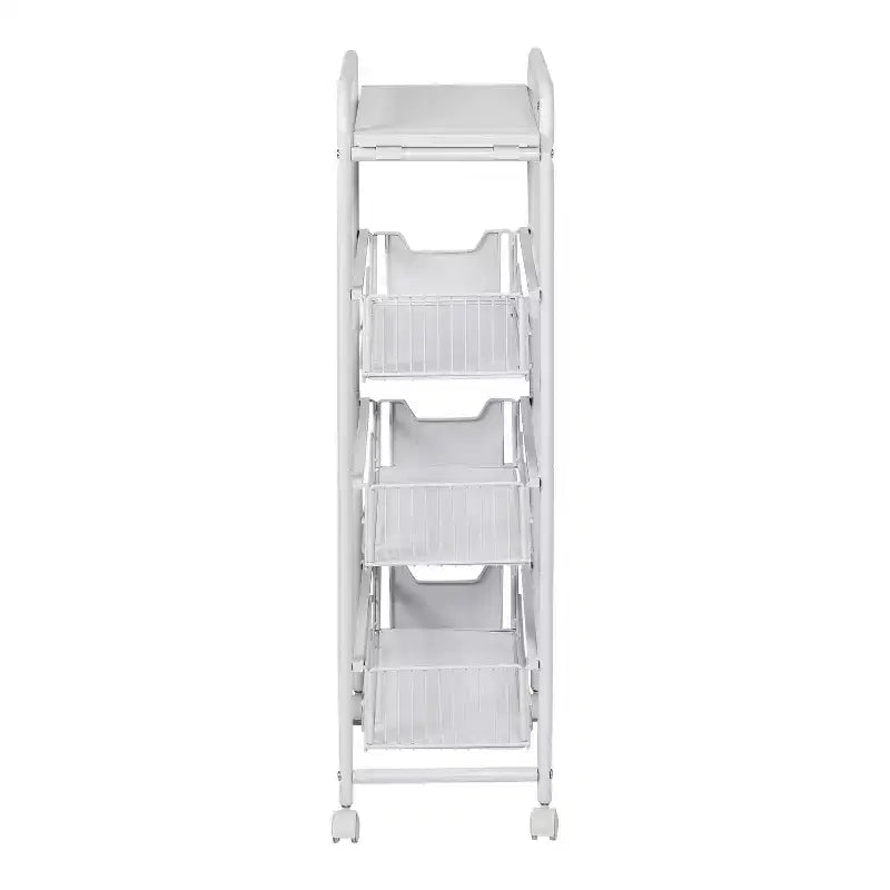 Chariot de rangement fin à 4 niveaux avec 3 tiroirs coulissants et roulettes verrouillables