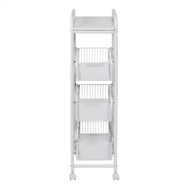 Chariot de rangement fin à 4 niveaux avec 3 tiroirs coulissants et roulettes verrouillables