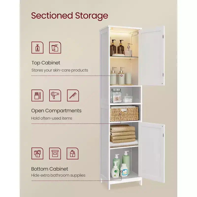 Slim LED Bathroom Cabinet with Adjustable Shelves, Freestanding Storage Unit, 15.7 Inch Narrow Design