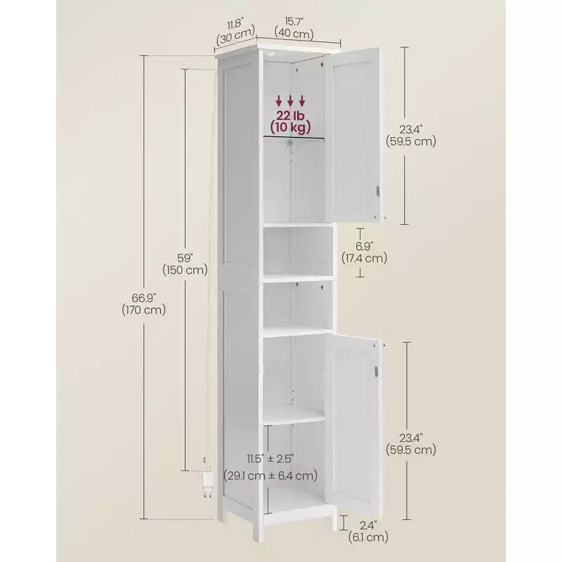 Slim LED Bathroom Cabinet with Adjustable Shelves, Freestanding Storage Unit, 15.7 Inch Narrow Design