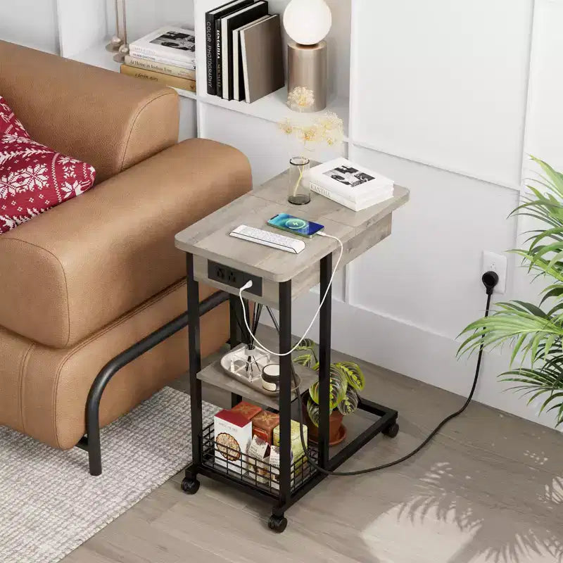C Shaped Side Table with Charging Station, Flip Top Sofa End Table with USB Ports and Outlets, Narrow Side Table with 3 Tier Storage Shelf - Grey