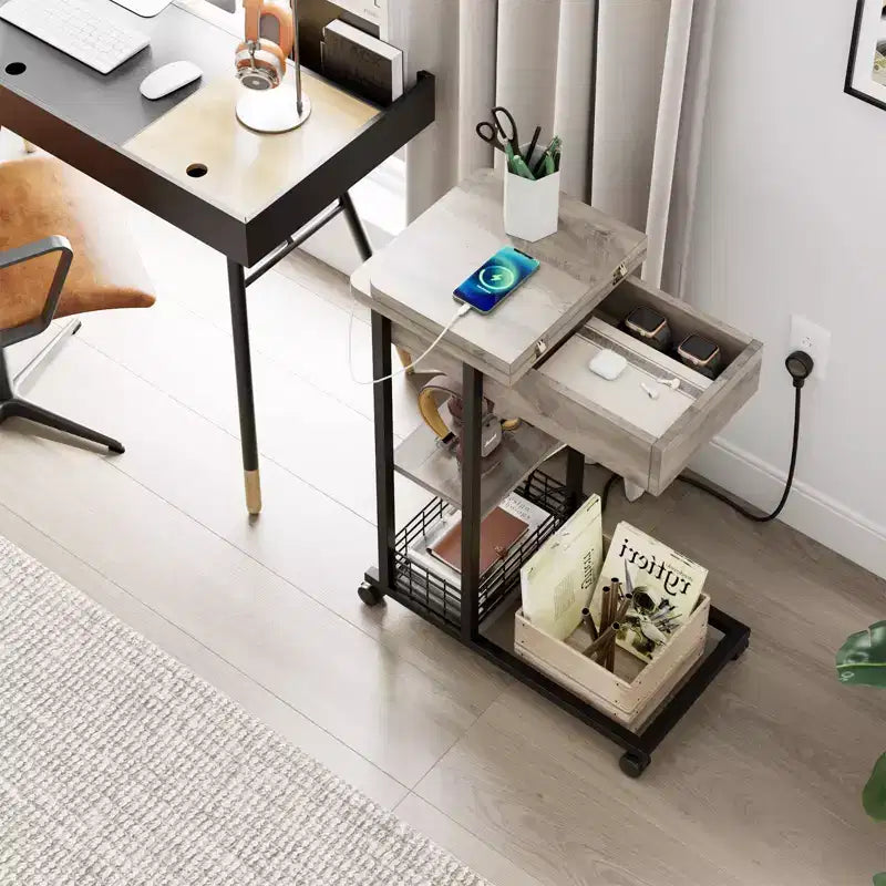 C Shaped Side Table with Charging Station, Flip Top Sofa End Table with USB Ports and Outlets, Narrow Side Table with 3 Tier Storage Shelf - Grey