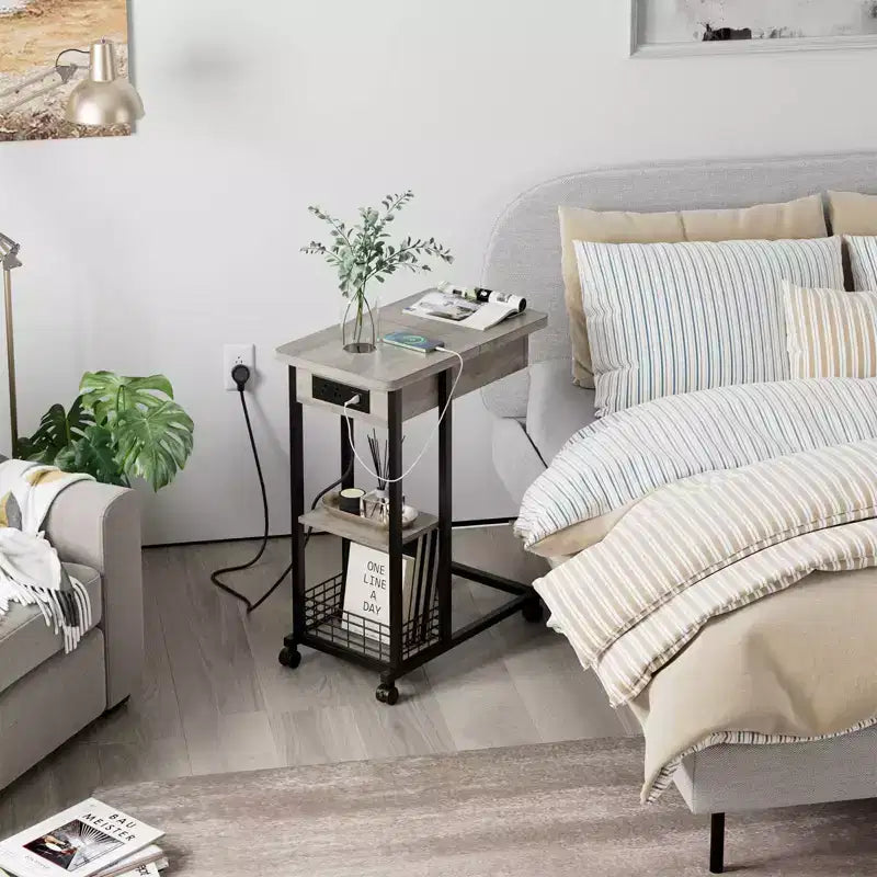 C Shaped Side Table with Charging Station, Flip Top Sofa End Table with USB Ports and Outlets, Narrow Side Table with 3 Tier Storage Shelf - Grey