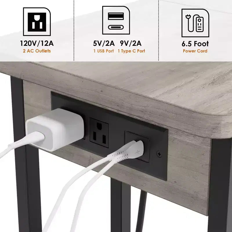 C Shaped Side Table with Charging Station, Flip Top Sofa End Table with USB Ports and Outlets, Narrow Side Table with 3 Tier Storage Shelf - Grey