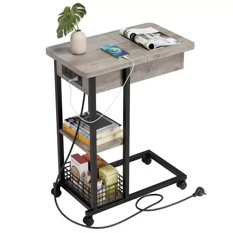 C Shaped Side Table with Charging Station, Flip Top Sofa End Table with USB Ports and Outlets, Narrow Side Table with 3 Tier Storage Shelf - Grey