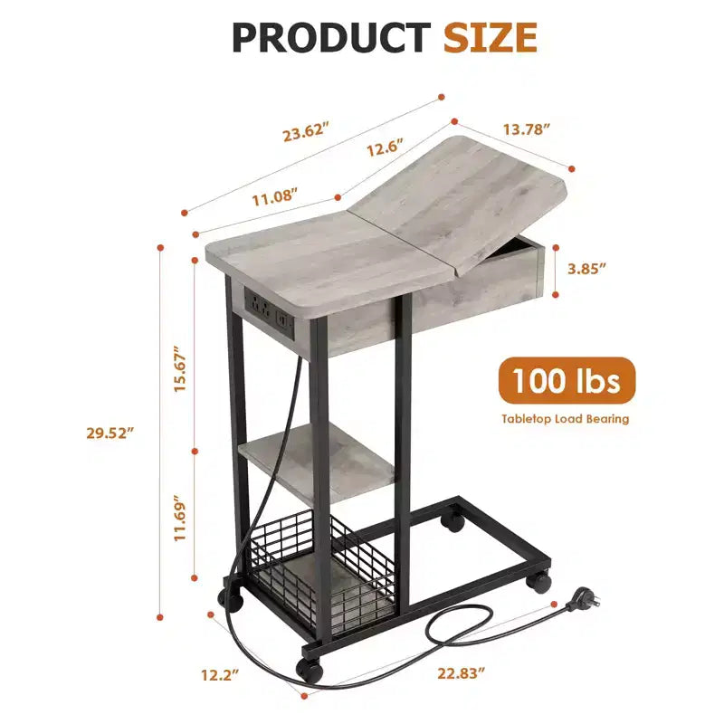 C Shaped Side Table with Charging Station, Flip Top Sofa End Table with USB Ports and Outlets, Narrow Side Table with 3 Tier Storage Shelf - Grey