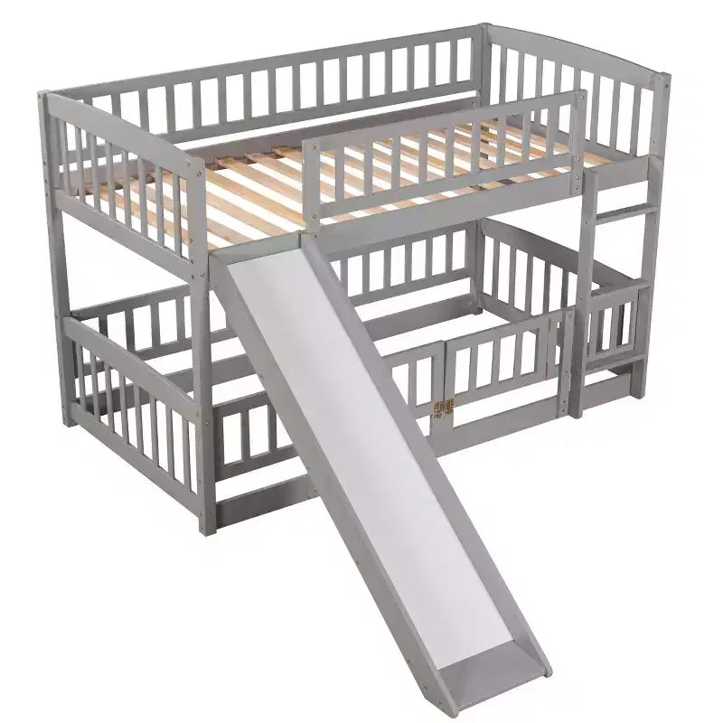 Bunk Bed with Slide - Twin Over Twin Low Bunk Bed with Fence and Ladder for Kids Teens