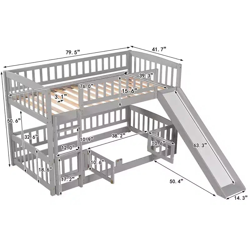 Bunk Bed with Slide - Twin Over Twin Low Bunk Bed with Fence and Ladder for Kids Teens