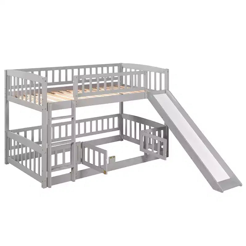 Bunk Bed with Slide - Twin Over Twin Low Bunk Bed with Fence and Ladder for Kids Teens