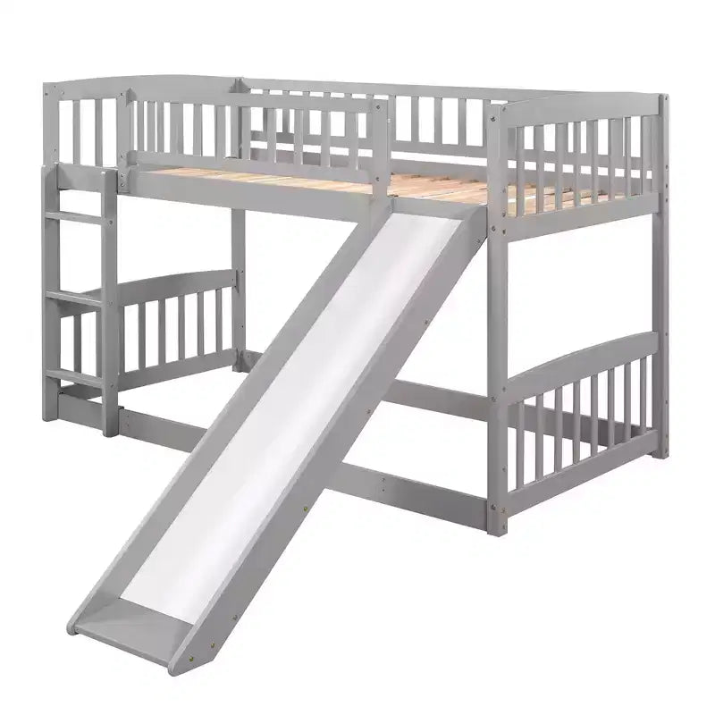 Bunk Bed with Slide - Twin Over Twin Low Bunk Bed with Fence and Ladder for Kids Teens