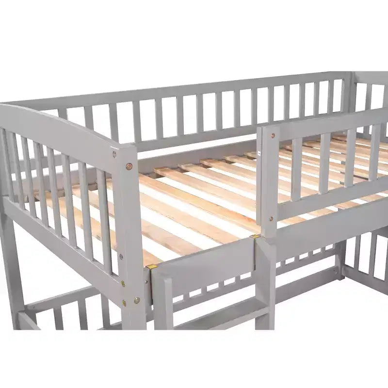Bunk Bed with Slide - Twin Over Twin Low Bunk Bed with Fence and Ladder for Kids Teens