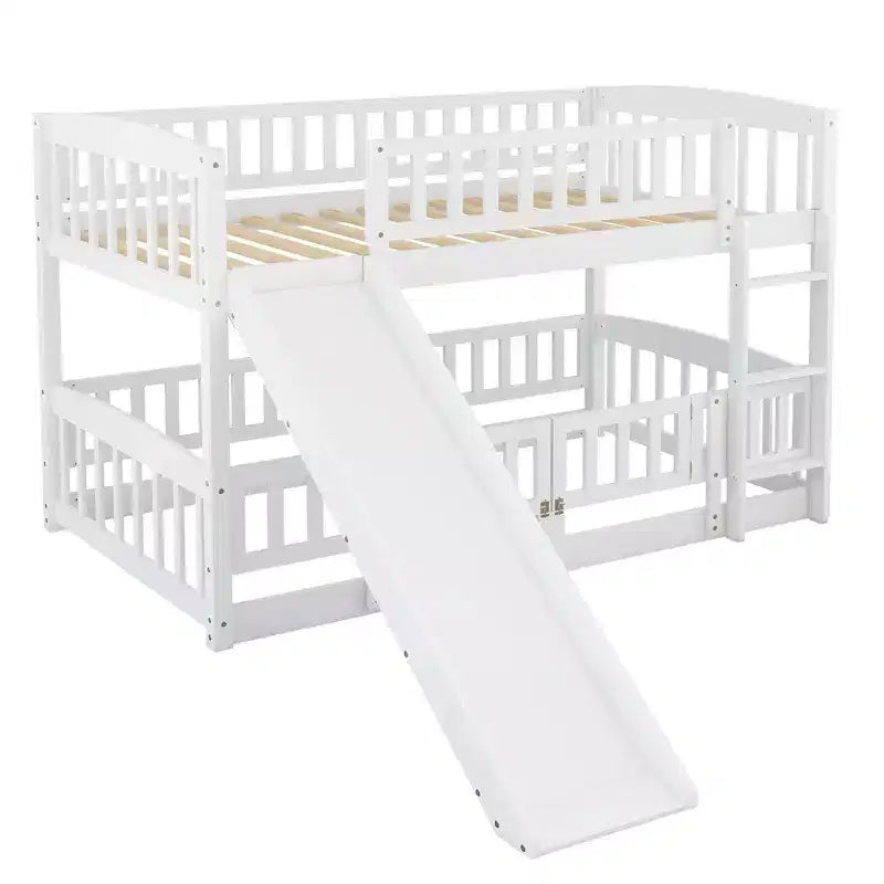 Bunk Bed with Slide - Twin Over Twin Low Bunk Bed with Fence and Ladder for Kids Teens
