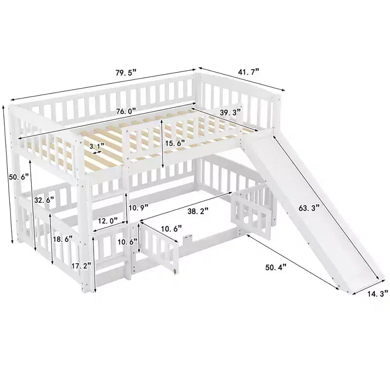 Bunk Bed with Slide - Twin Over Twin Low Bunk Bed with Fence and Ladder for Kids Teens