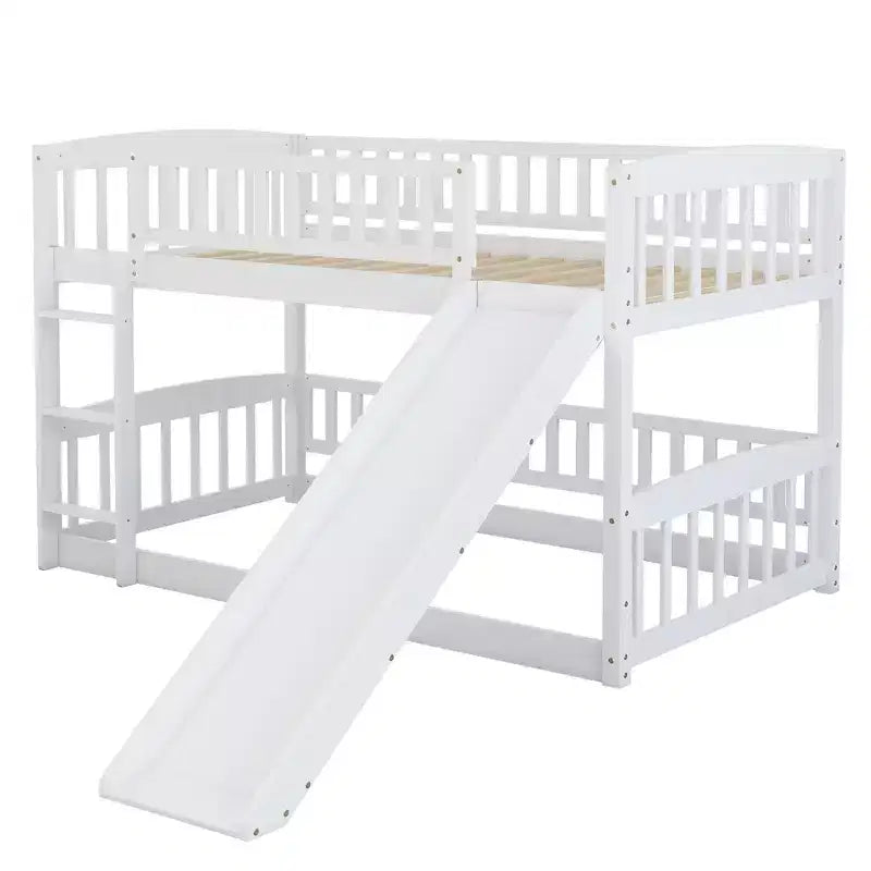 Bunk Bed with Slide - Twin Over Twin Low Bunk Bed with Fence and Ladder for Kids Teens