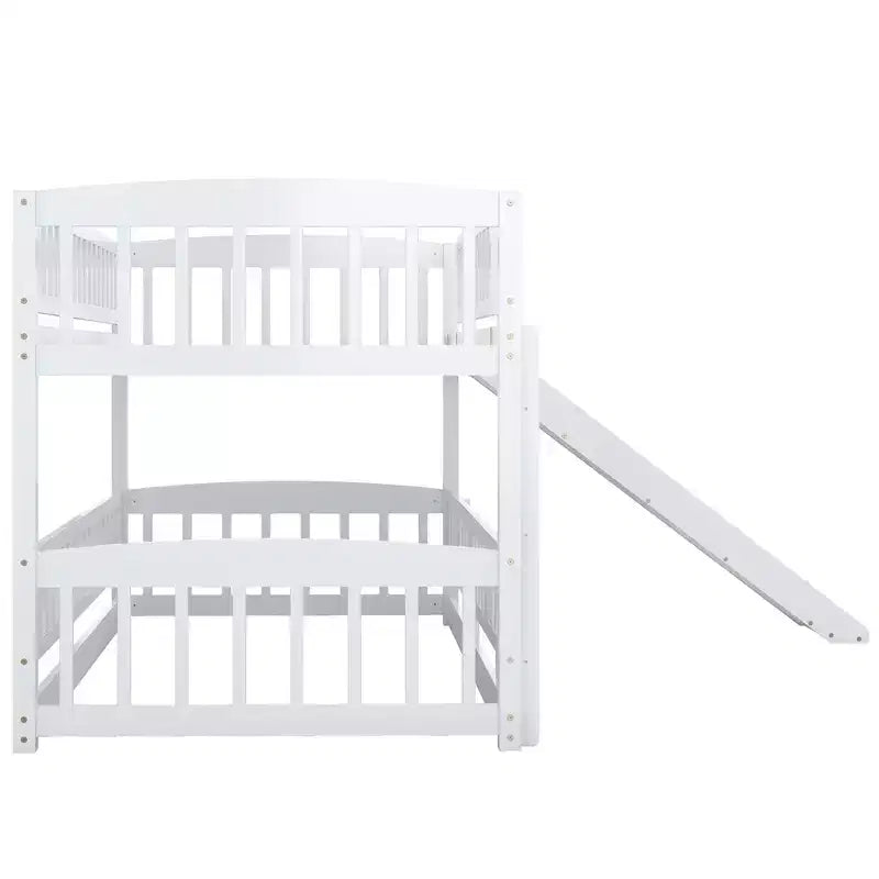 Bunk Bed with Slide - Twin Over Twin Low Bunk Bed with Fence and Ladder for Kids Teens