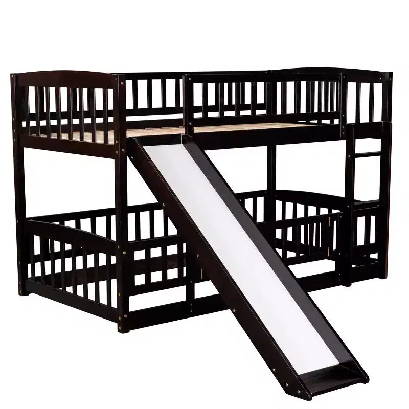 Bunk Bed with Slide - Twin Over Twin Low Bunk Bed with Fence and Ladder for Kids Teens