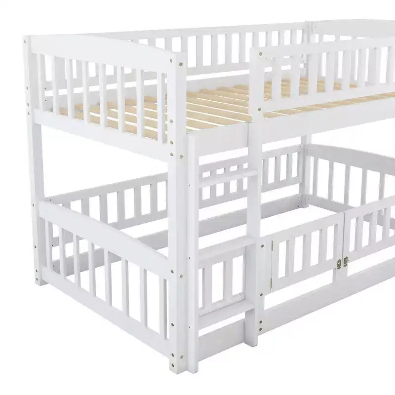 Bunk Bed with Slide - Twin Over Twin Low Bunk Bed with Fence and Ladder for Kids Teens