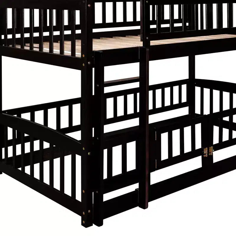 Bunk Bed with Slide - Twin Over Twin Low Bunk Bed with Fence and Ladder for Kids Teens