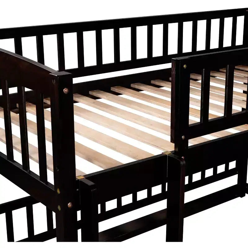 Bunk Bed with Slide - Twin Over Twin Low Bunk Bed with Fence and Ladder for Kids Teens