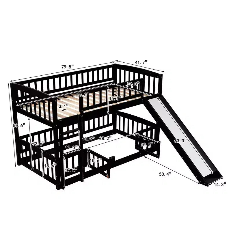 Bunk Bed with Slide - Twin Over Twin Low Bunk Bed with Fence and Ladder for Kids Teens