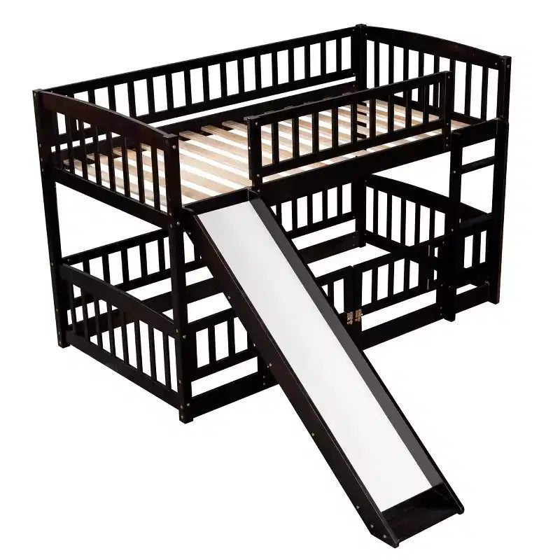 Bunk Bed with Slide - Twin Over Twin Low Bunk Bed with Fence and Ladder for Kids Teens