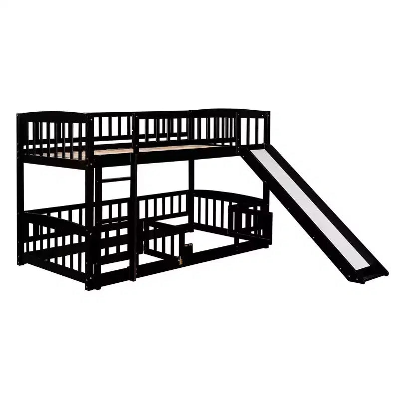 Bunk Bed with Slide - Twin Over Twin Low Bunk Bed with Fence and Ladder for Kids Teens