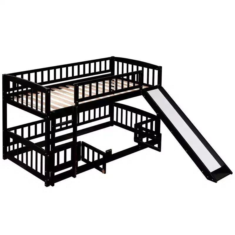 Bunk Bed with Slide - Twin Over Twin Low Bunk Bed with Fence and Ladder for Kids Teens