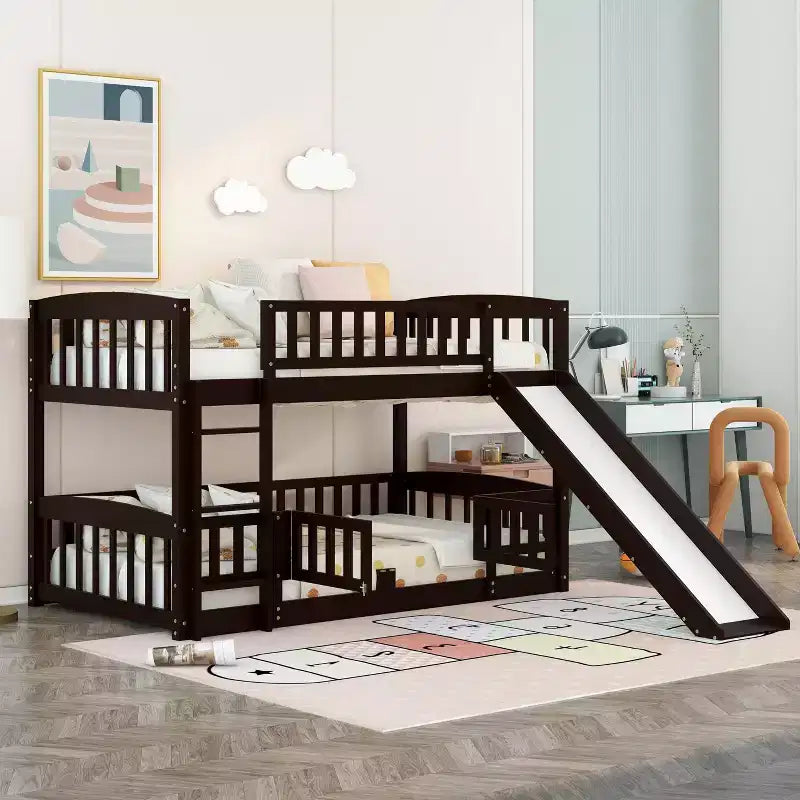 Bunk Bed with Slide - Twin Over Twin Low Bunk Bed with Fence and Ladder for Kids Teens