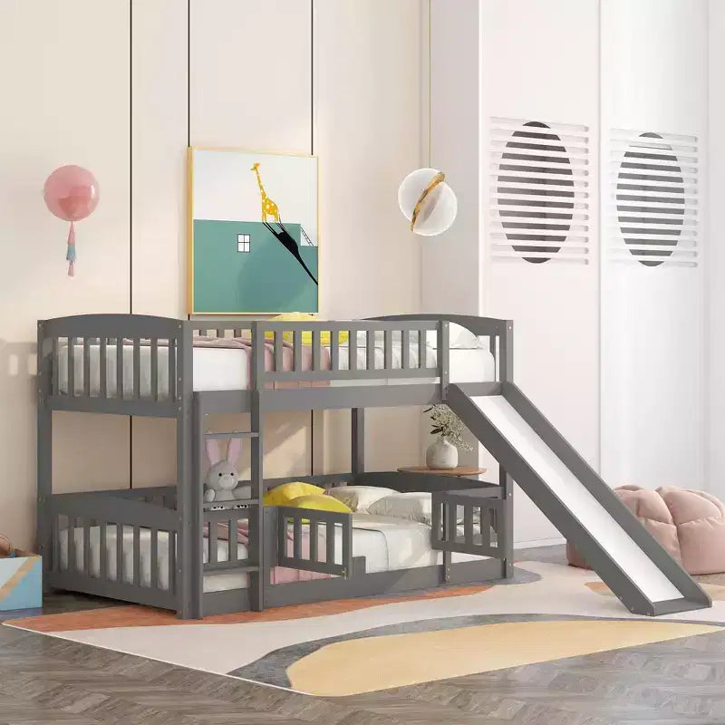 Bunk Bed with Slide - Twin Over Twin Low Bunk Bed with Fence and Ladder for Kids Teens