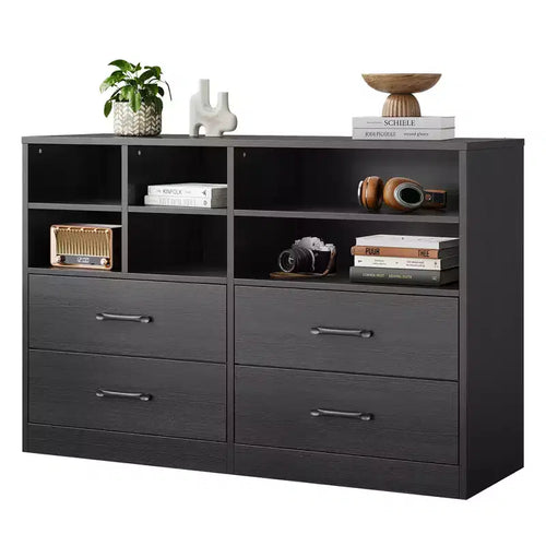 4 Drawer Dresser with 6 Adjustable Open Cubbies, Modern Black Wooden Dresser, Space-Saving Chest of Drawer