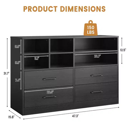 Commode à 4 tiroirs et 6 compartiments ouverts réglables – Commode moderne noire