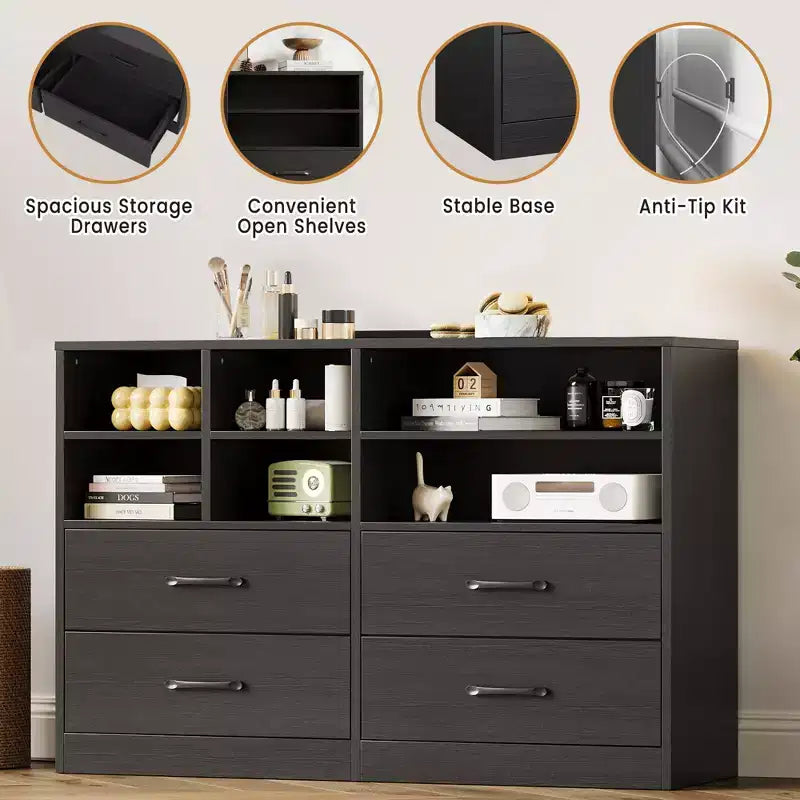 4-Drawer Dresser with 6 Adjustable Open Cubbies – Modern Black Chest of Drawers