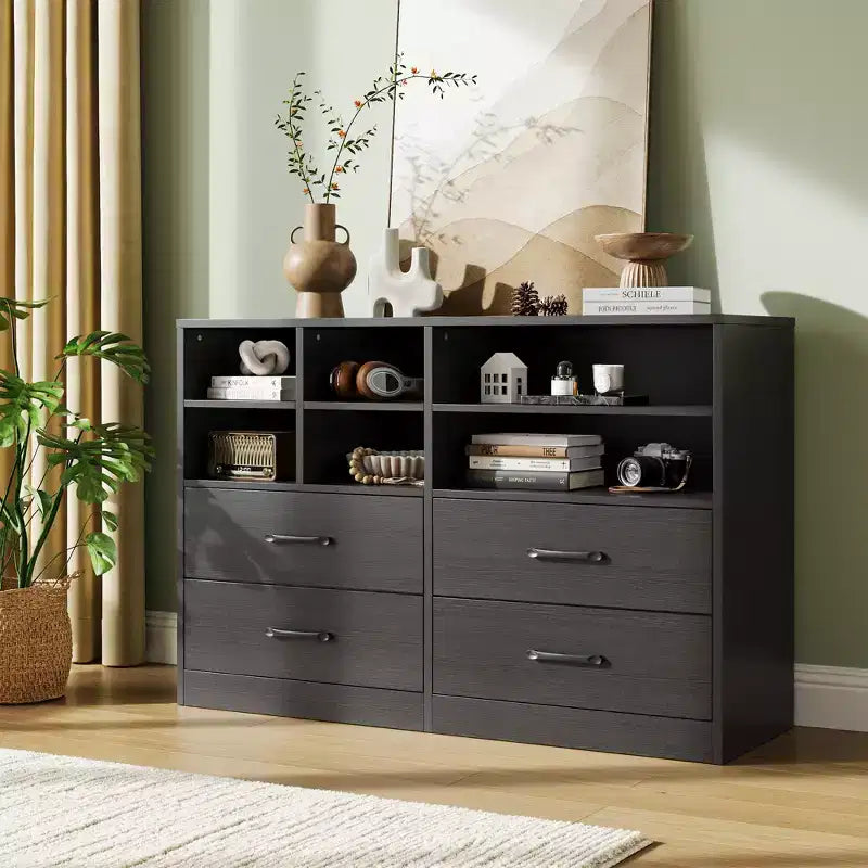 4-Drawer Dresser with 6 Adjustable Open Cubbies – Modern Black Chest of Drawers