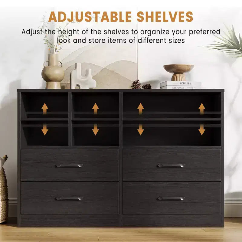 4-Drawer Dresser with 6 Adjustable Open Cubbies – Modern Black Chest of Drawers