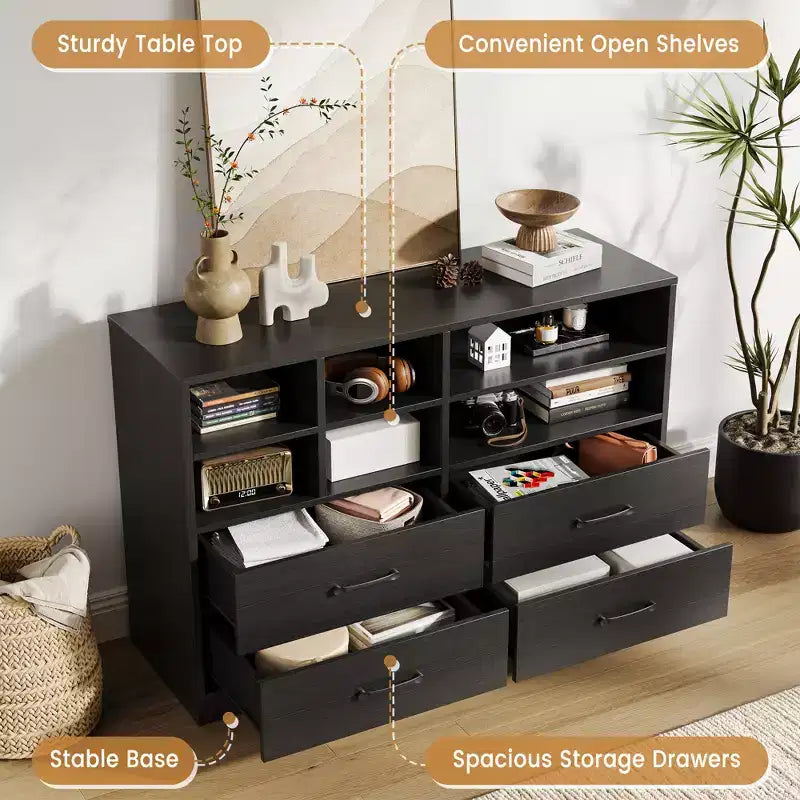 4-Drawer Dresser with 6 Adjustable Open Cubbies – Modern Black Chest of Drawers