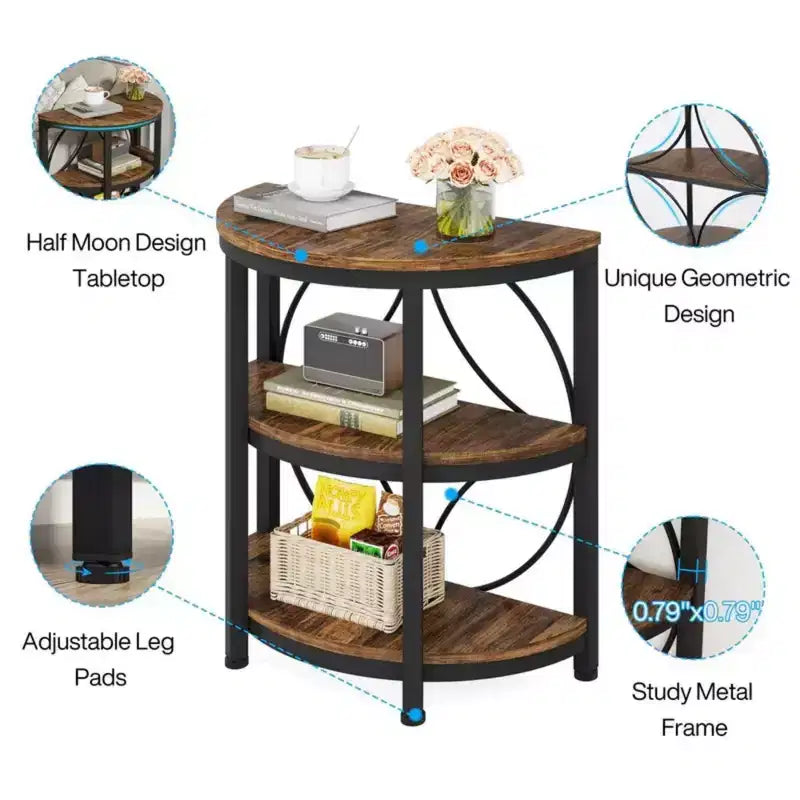 Brown Half-Round End Table 3-Tier Narrow Side Table with Metal Frame
