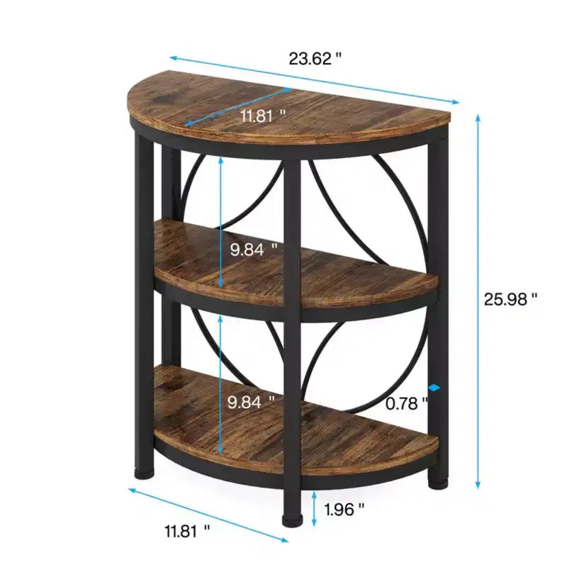 Brown Half-Round End Table 3-Tier Narrow Side Table with Metal Frame