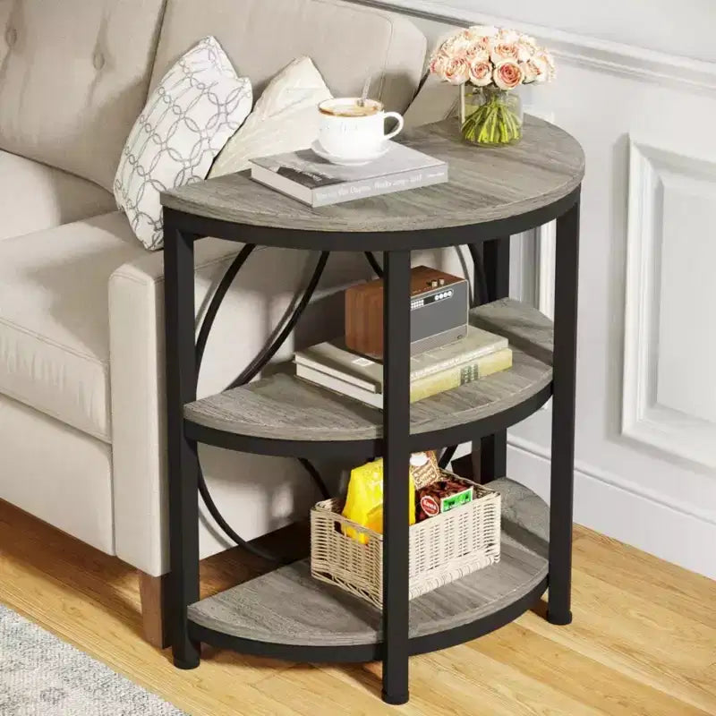 Brown Half-Round End Table 3-Tier Narrow Side Table with Metal Frame