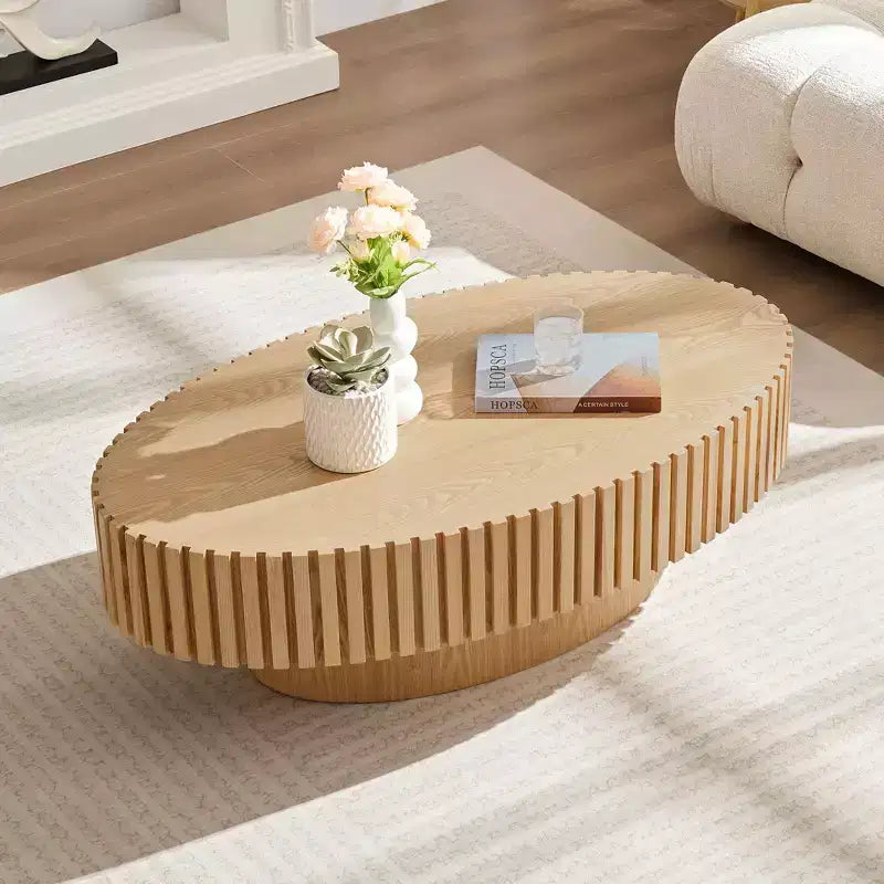 Modern Handcrafted Oval Coffee Table, 44L with Sturdy Pedestal, Space-Saving Drum Center Table for Small Living Room Office