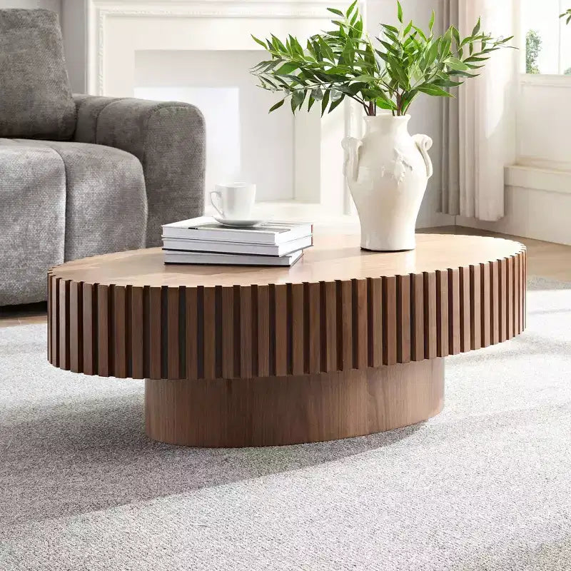 Modern Handcrafted Oval Coffee Table, 44L with Sturdy Pedestal, Space-Saving Drum Center Table for Small Living Room Office