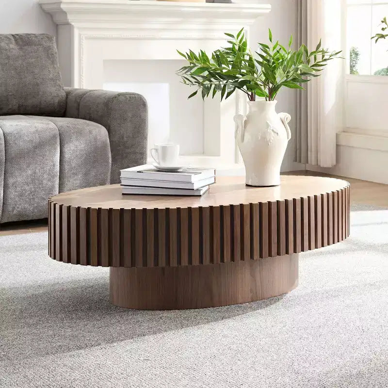 Modern Handcrafted Oval Coffee Table, 44L with Sturdy Pedestal, Space-Saving Drum Center Table for Small Living Room Office