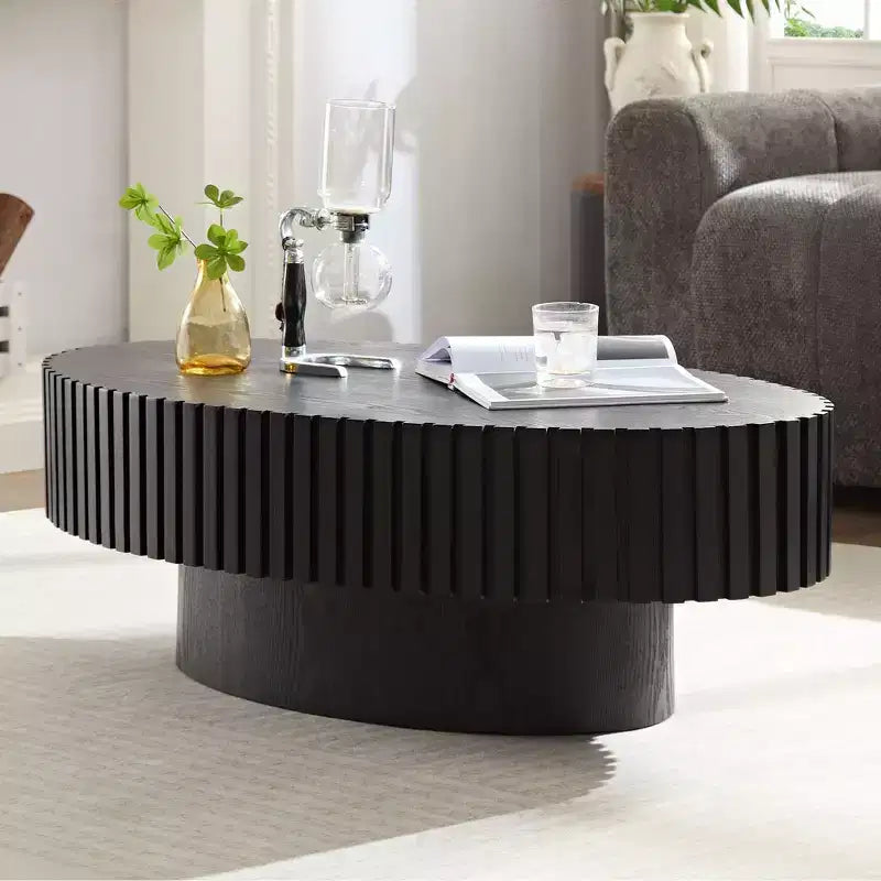 Modern Handcrafted Oval Coffee Table, 44L with Sturdy Pedestal, Space-Saving Drum Center Table for Small Living Room Office