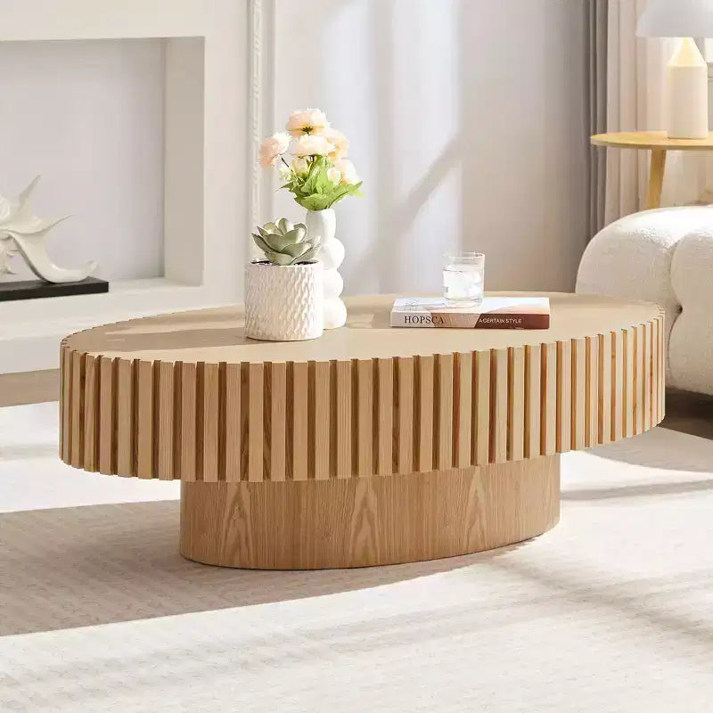 Modern Handcrafted Oval Coffee Table, 44L with Sturdy Pedestal, Space-Saving Drum Center Table for Small Living Room Office