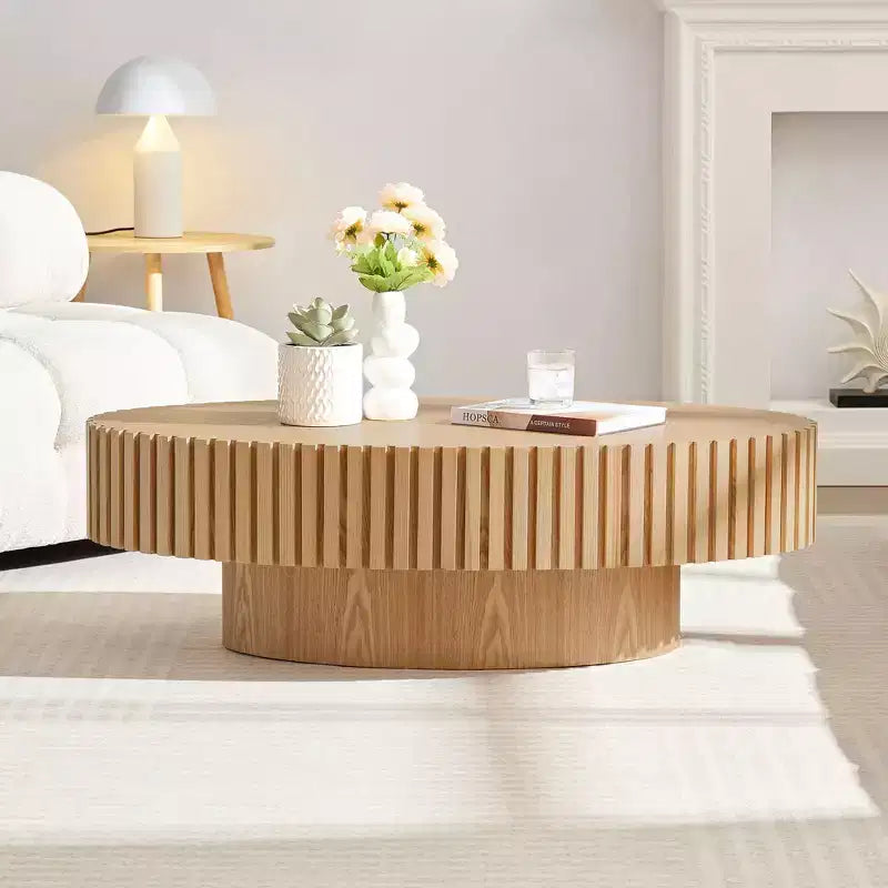 Modern Handcrafted Oval Coffee Table, 44L with Sturdy Pedestal, Space-Saving Drum Center Table for Small Living Room Office