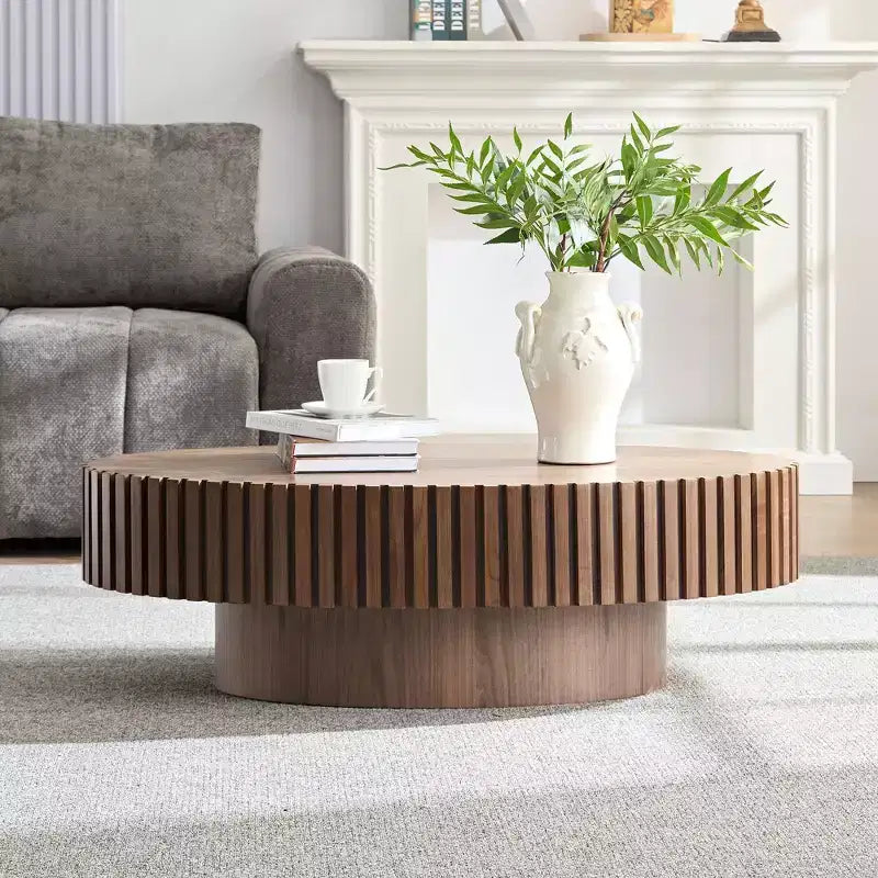 Modern Handcrafted Oval Coffee Table, 44L with Sturdy Pedestal, Space-Saving Drum Center Table for Small Living Room Office