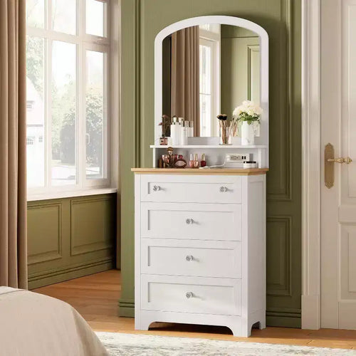 Acekool 4 Drawer Dresser with Mirror, Charging Station & Glass Top, Modern Makeup Vanity Cabinet for Bedroom, Living Room, Entryway