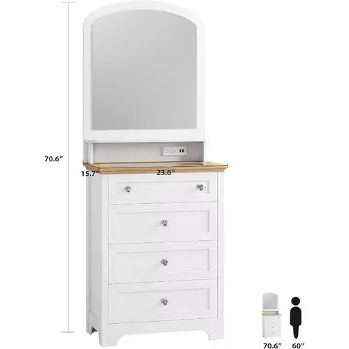 Commode 4 tiroirs avec miroir, station de charge et plateau en verre, coiffeuse moderne pour chambre, salon, entrée