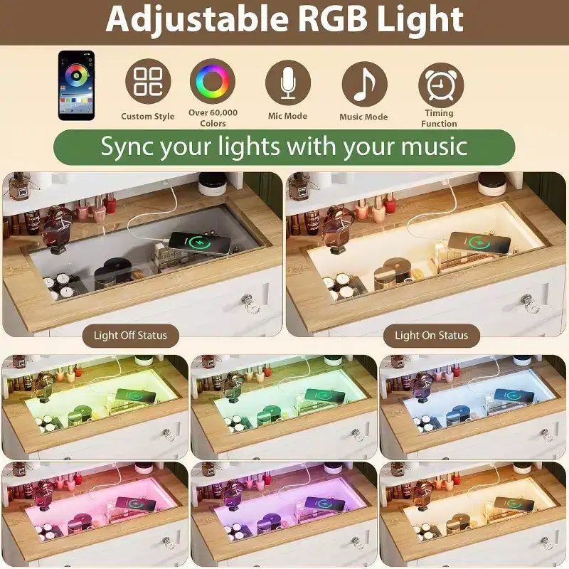 Acekool 4 Drawer Dresser with Mirror, Charging Station & Glass Top, Modern Makeup Vanity Cabinet for Bedroom, Living Room, Entryway