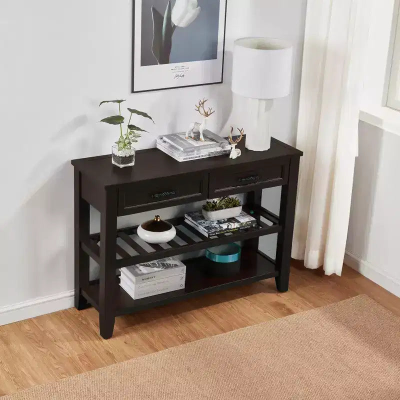 42" Console Table with Two Open Shelves, Pine Solid Wood Frame and Legs